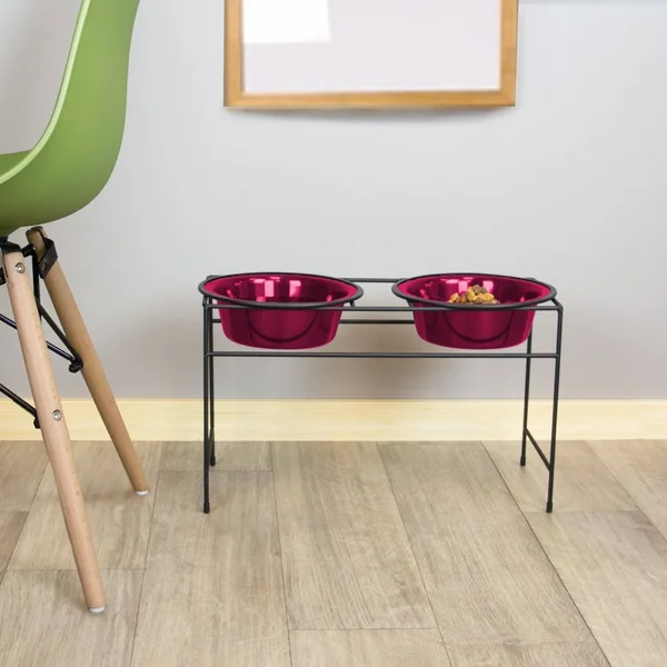 Platinum Pets Double Diner Feeder with Stainless Steel Dog Bowls - 10 cup/80 oz, Electric Purple