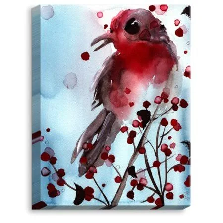 DiaNoche Designs 'Red Finch in Winter' by Dawn Derman Painting Print on Wrapped Canvas - Brown