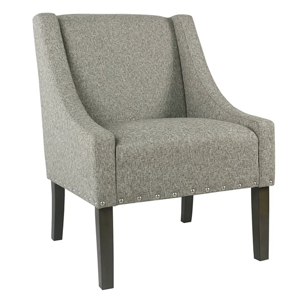 Benzara BM194077 Fabric Upholstered Wooden Accent Chair with Swooping Arms and Nail Head Trim Light Gray and Brown