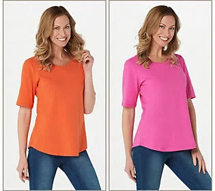 Denim & Co. Essentials Set of Two Elbow SleeveKnit Tops - Size Small, Tigerlily/Pink