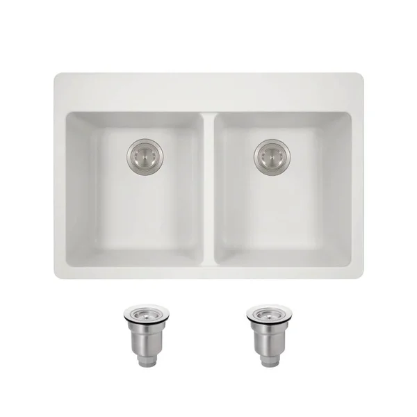 Mr Direct White Quartz Granite 33 in. Double Bowl Drop-in Kitchen Sink with Matching Strainers