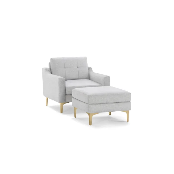 Burrow Modular Armchair with Ottoman, Light Gray, Slope Arms, 1 Seater, Brass Metal Legs, Nomad Fabric Collection
