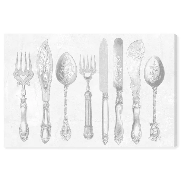 Runway Avenue Food and Cuisine Wall Art Canvas Prints 'Royal Cutlery Grey' Cooking and Chef - Gray - White, Size: 45 x 30