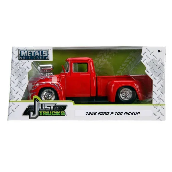Jada 1956 Ford F-100 Pickup Truck with Blower Glossy Red with Flames Just Trucks Series 1/24 Diecast Model Car 30715