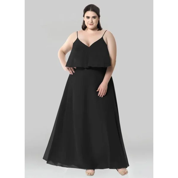 Azazie Plus Size A-Line/Princess V-Neck Floor-Length Chiffon Bridesmaid Dresses - Black