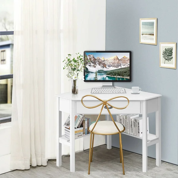 Costway Corner Computer Desk Laptop Writing Table Wood Workstation Home Office Furniture - White