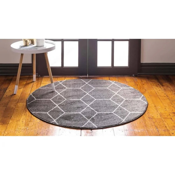 8& Round Geometric Trellis Frieze Rug Dark Gray/Ivory - Unique Loom