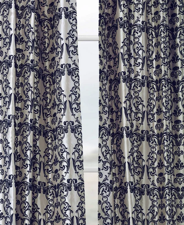 Exclusive Fabrics Firenze Silver & Blue Flocked Faux Silk Curtain - 84 Inches