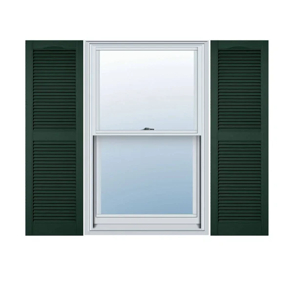 12 inchw x 26 inchh Lifetime Vinyl, Custom Straight Top Center Mullion, Open Louver Shutters, Midnight Green