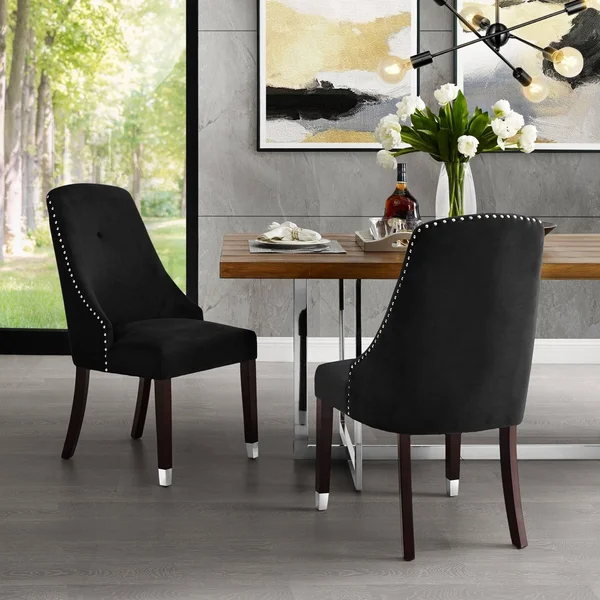Inspired Home piers Leather PU or Velvet Dining Chair Single Tuft (Set of 2) Light Grey/Silver Chrome Finish Velvet