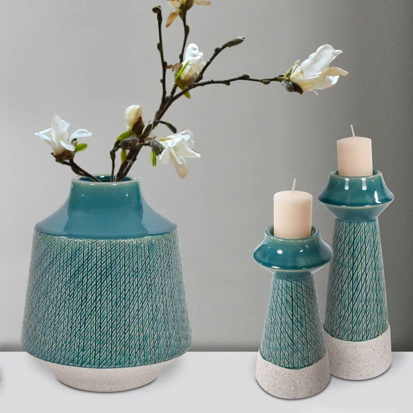 Cross Hatched Sea Blue Ceramic Round Vase - 9H x 8W x 8D