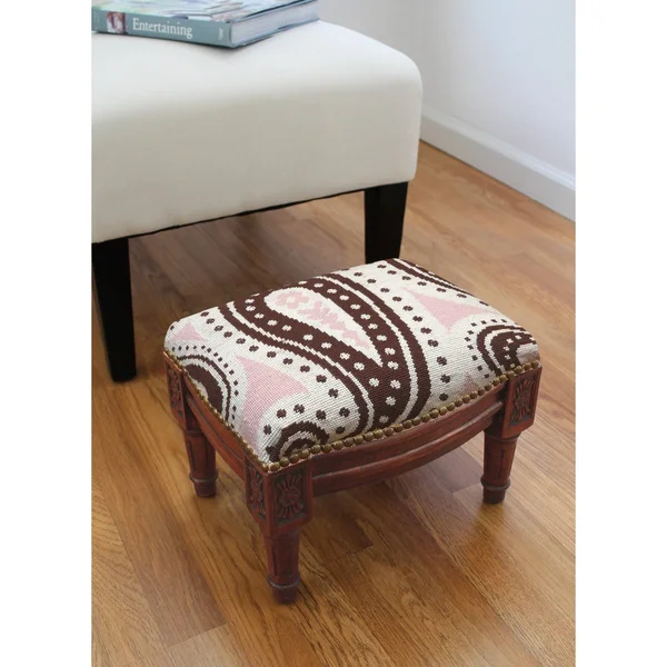 123 Creations Pink and Brown Paisley Needlepoint Footstool - Traditional - Foot Stool - Small - Assembled - Wood - Solid