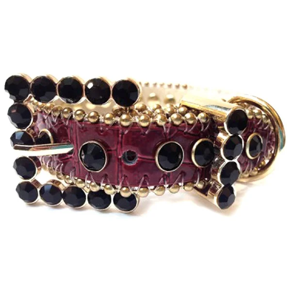 Crazy4Bling Red Leather Dog Collar with A Row of High Quality Black Rhinestones - Size Xs