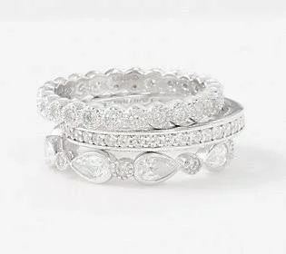 Diamonique Set of 3 Stackable Rings - Sterling Silver, Size 10, Silver