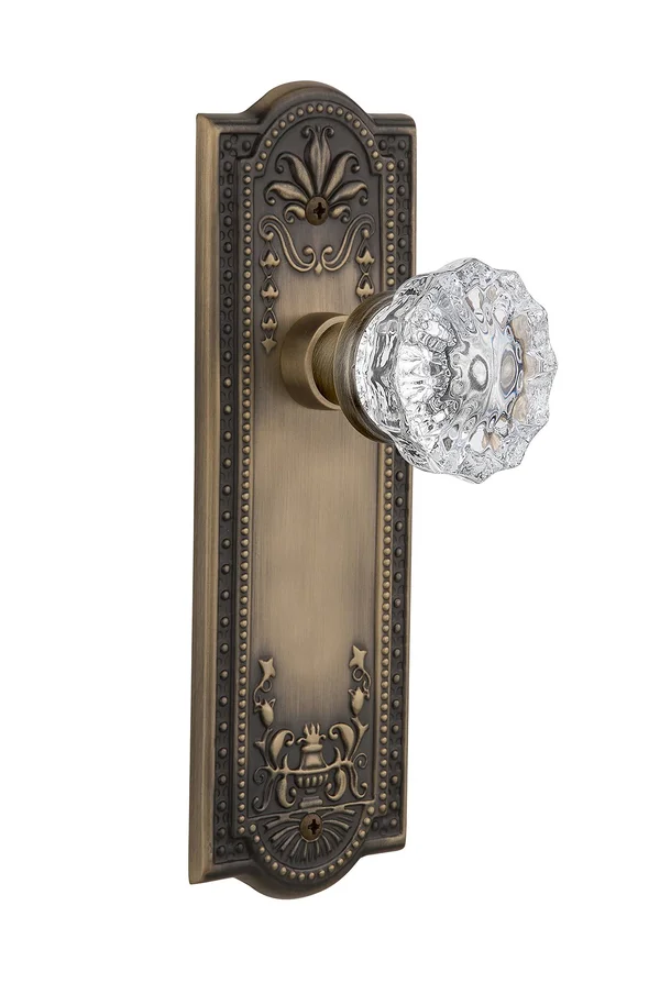Nostalgic Warehouse 701837 Meadows Plate Privacy Crystal Glass Door Knob - Antique Brass