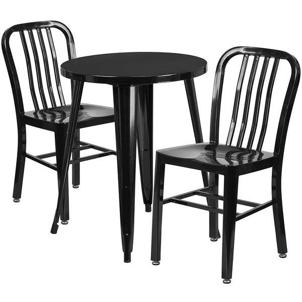Round Green Metal Indoor-Outdoor Table Set with 4 Vertical Slat Back Chairs