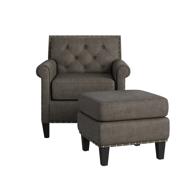 Gracewood Hollow Grantley Button Tufted Rolled Arm Chair and Ottoman - Saddle Brown
