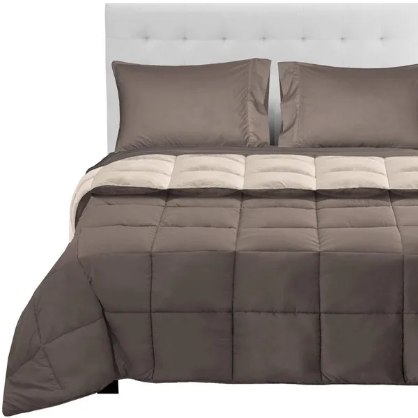 Bare Home Reversible Bed-in-a-Bag Down Alternative Comforter/Sheet Set - Comforter: Sand/Taupe - Sheets: Taupe - Queen