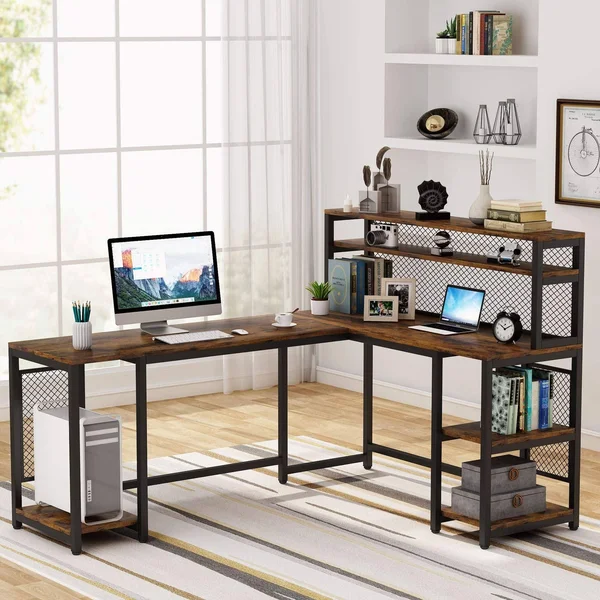 Tribesigns 67 inch Large L-Shaped Computer Desk with Hutch and Bookshelf - Home Office Desk with Storage Shelves and CPU Stand, B