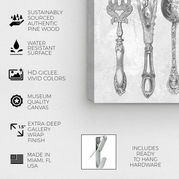 Runway Avenue Food and Cuisine Wall Art Canvas Prints 'Royal Cutlery Grey' Cooking and Chef - Gray - White, Size: 45 x 30