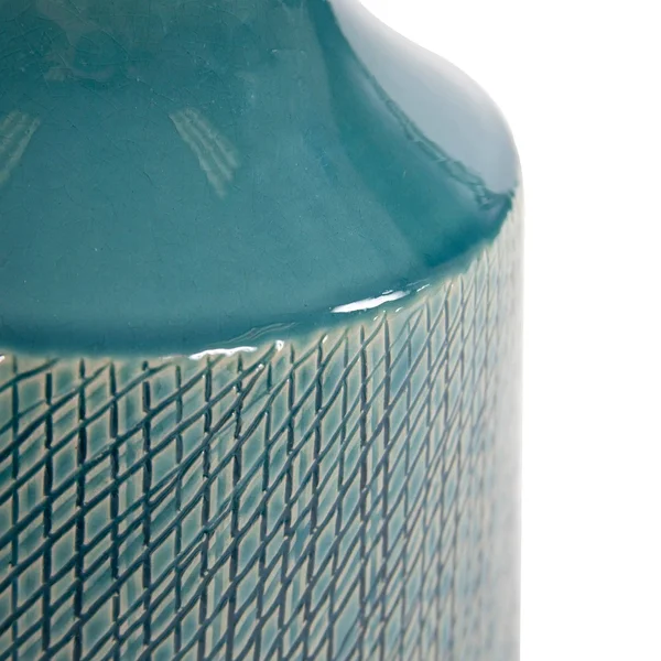 Cross Hatched Sea Blue Ceramic Round Vase - 9H x 8W x 8D