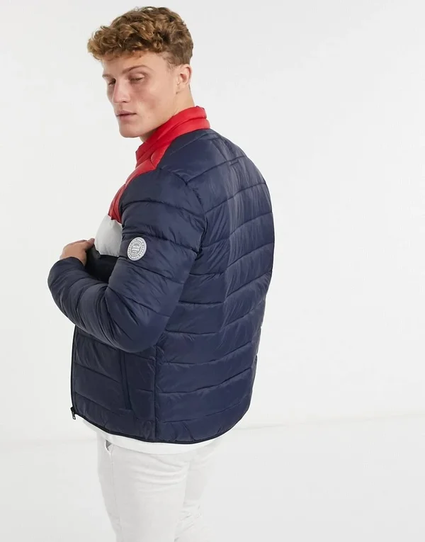 Jack & Jones Essentials Puffer Jacket with Collar in Navy Red & White