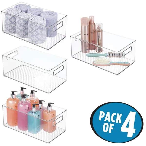 mDesign Plastic Bathroom Storage Bin Tote with Handles - 4 Pack - Clear