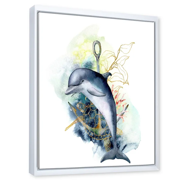 Designart &Dolphin Turtle Anchor & Linear Coral Reef Plants& Nautical & Coastal Framed Canvas Wall Art Print - 24 in. Wi