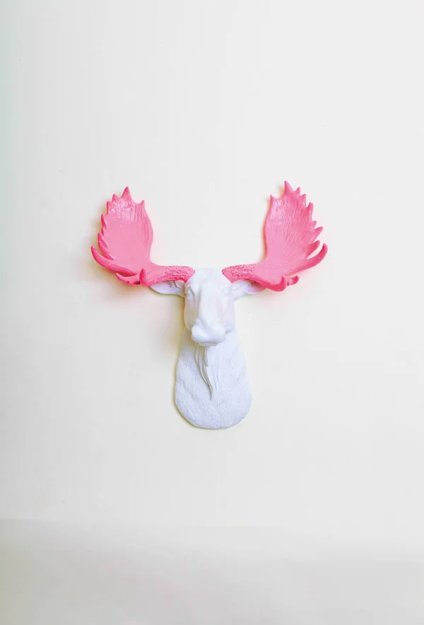 The Mini York - Moose Head, Faux Taxidermy, White Resin w/Pink