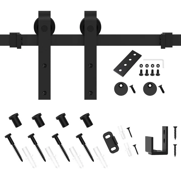 Winsoon 5ft Single Mini Sliding Barn Door Hardware Kit, Black Finish, J Style Hanger, Size: 5&
