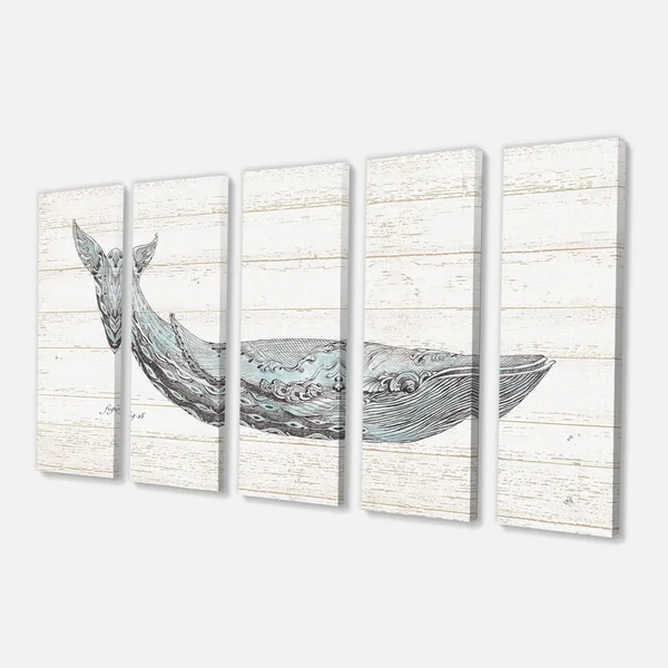 Designart &Blue Whale Watercolor& Nautical & Coastal Gallery-Wrapped Canvas - 60 in. Wide x 32 in. High - 5 Panels Diamond S