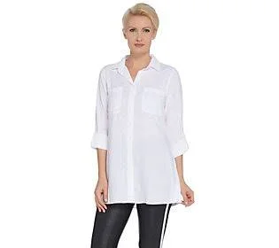 Side Stitch Button Front Tunic with Roll-Tab Sleeve - Size Medium, White