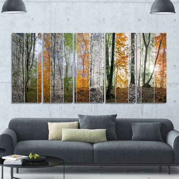 Design Art &Wood Panorama Changing Seasons& 6 Piece Photographic Print Set on Canvas - Orange