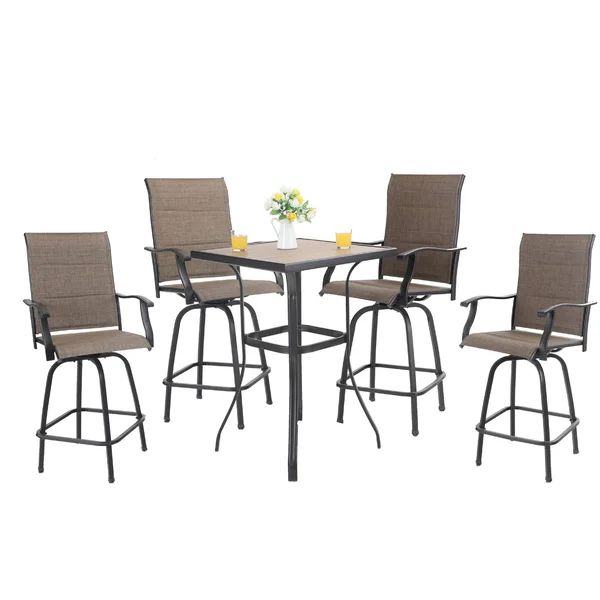 Phi Villa 5-Piece All-Weather Swivel Outdoor Dining (Padded) Sets with Bar Table - Brown