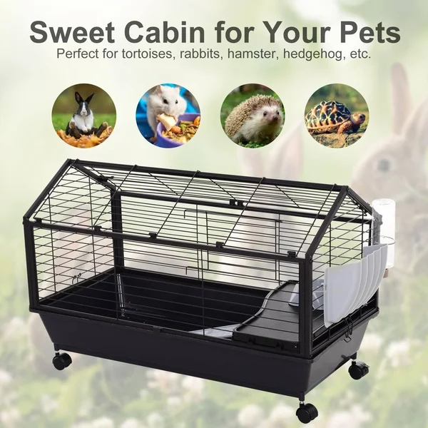 PawHut Rolling Metal Rabbit - Guinea Pig, or Small Animal Hutch Cage with Main House and Run