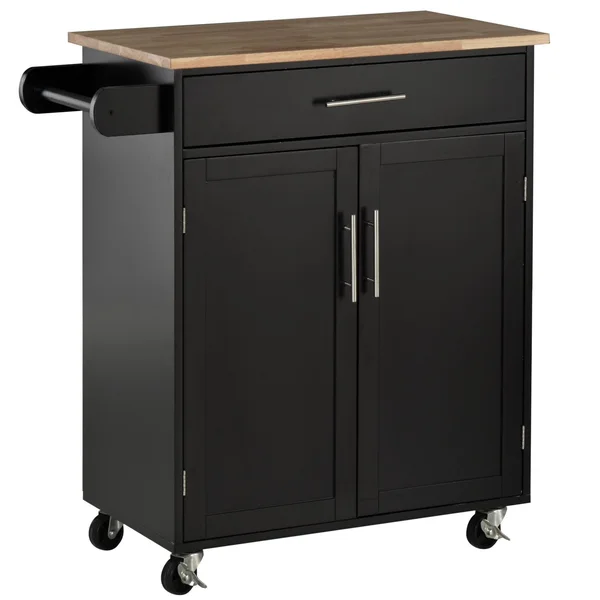 HOMCOM Wooden Kitchen Large Storage Island on 360-deg Swivel Wheels Cart with Drawer, Interior Cabinet & Towel Rack - Black