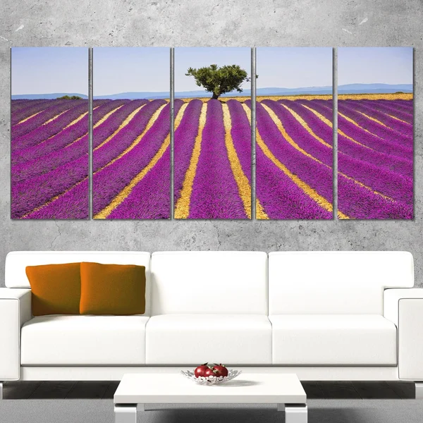Design Art 'Lavender and Lonely Tree Uphill' 4 Piece Photographic Print on Wrapped Canvas Set - Purple
