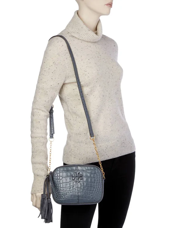 Tory Burch Mcgraw Croc Embossed Leather Camera Bag - Blue