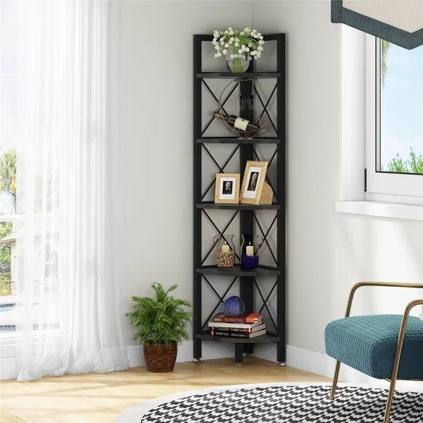 5 Tier Corner Shelf Unit Bookshelf Storage Rack Plant Stand - Black