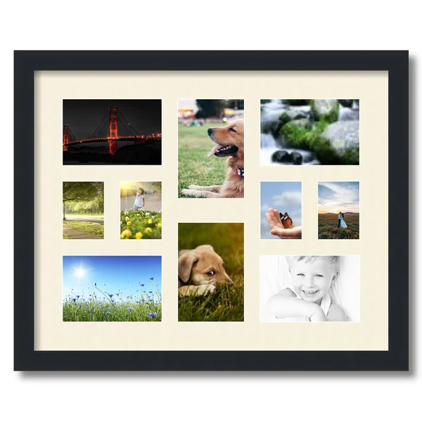 Collage Picture Frame - Satin Black Frame with 10 openings for 4x6 Photos with White Ivory Mat. D3926FY401, ArtToFrames