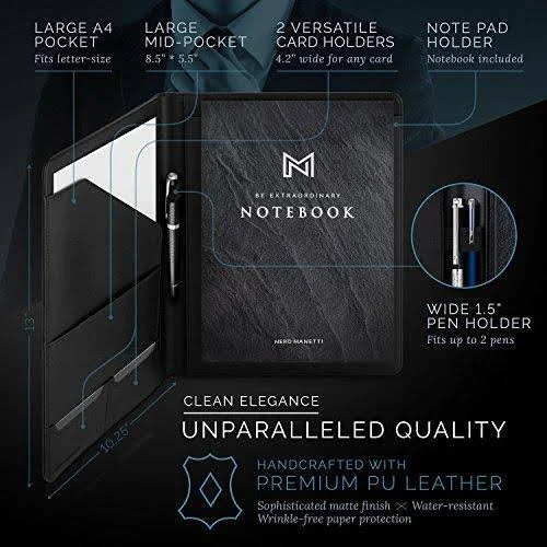 Nero MANETTI- Leather Portfolio Folder - Business PU Leather Portfolio Notepad Holder for Resumes, Legal Pad Portfolio Executive