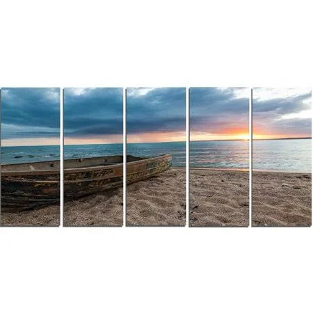 Design Art Rusty Row Boat on Sand at Sunset 5 Piece Photographic Print on Wrapped Canvas Set - Brown