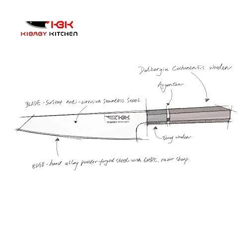KBK Gyutou Knife Forged SUS304 Stainless Steel Blade and Hard Alloy Edge 63 HRC Super Sharp with Ebony Wooden Handle Comfort Hol