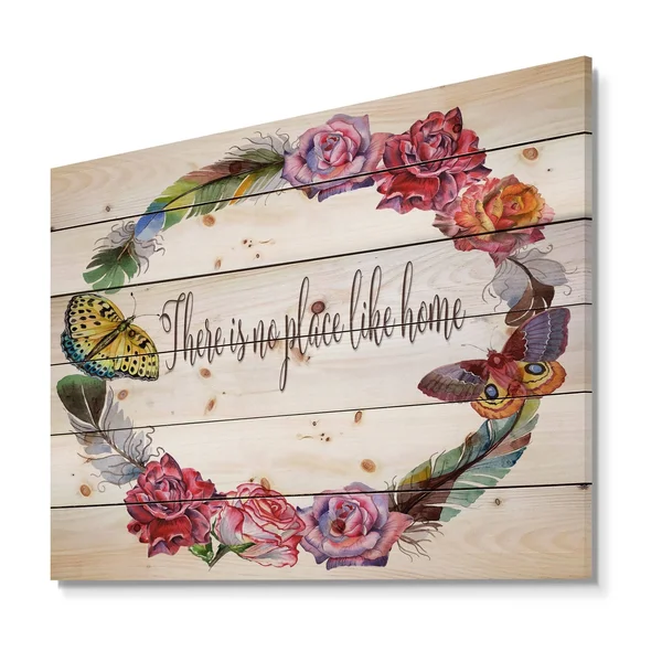 Designart 'There Is No Place Like Home. Floral' Textual Entrance Art on Wood Wall Art - Multi-Color - 40 in. Wide x 20 in. High