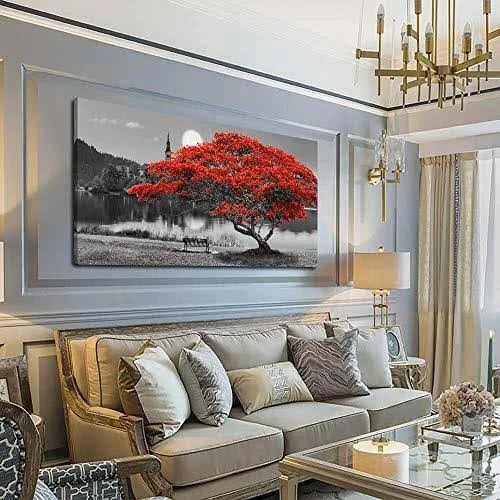 Arjun Canvas Wall Art Painting Red Tree Lake Moon Picture One Panel Extra Large size, Modern Panoramic Landscape Artwork Prints