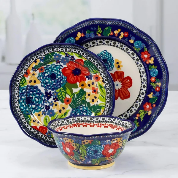 The Pioneer Woman Dazzling Dahlias 12-Piece Dinnerware Set, Cobalt