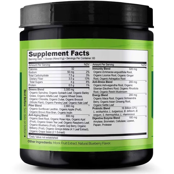 NATURELO Raw Greens Whole Food Powder Wild Berry Flavor - 60 Servings 480 G