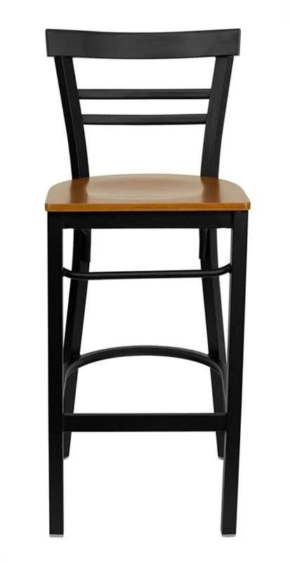 Flash Furniture Hercules Metal Ladder Back Wood Seat Restaurant Bar Stool, Black