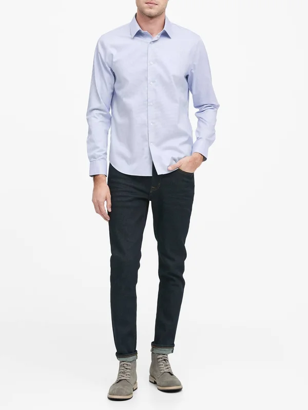 Banana Republic Men's Untucked Slim-Fit Non-Iron Dress Shirt Basic Blue Size S