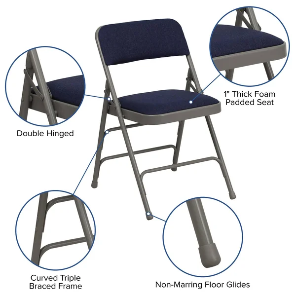Flash Furniture 2 Pack Hercules Series Curved Triple Braced & Double Hinged Navy Fabric Metal Folding Chair